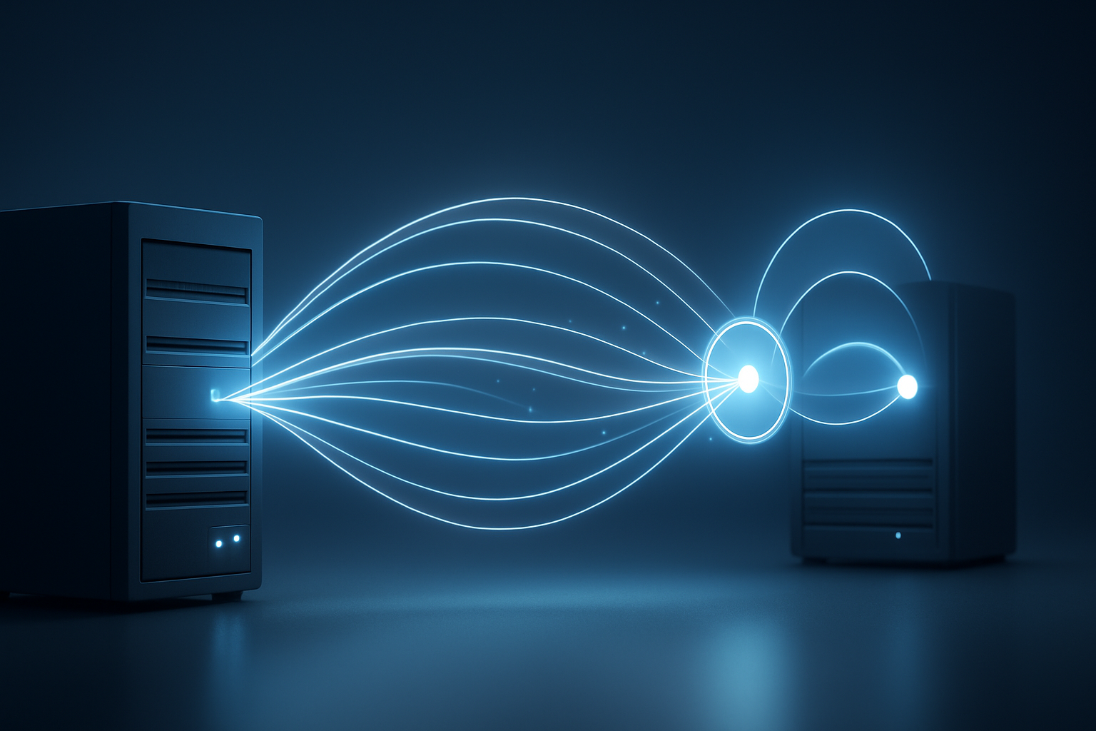 Secure data transfer between two servers represented by glowing lines