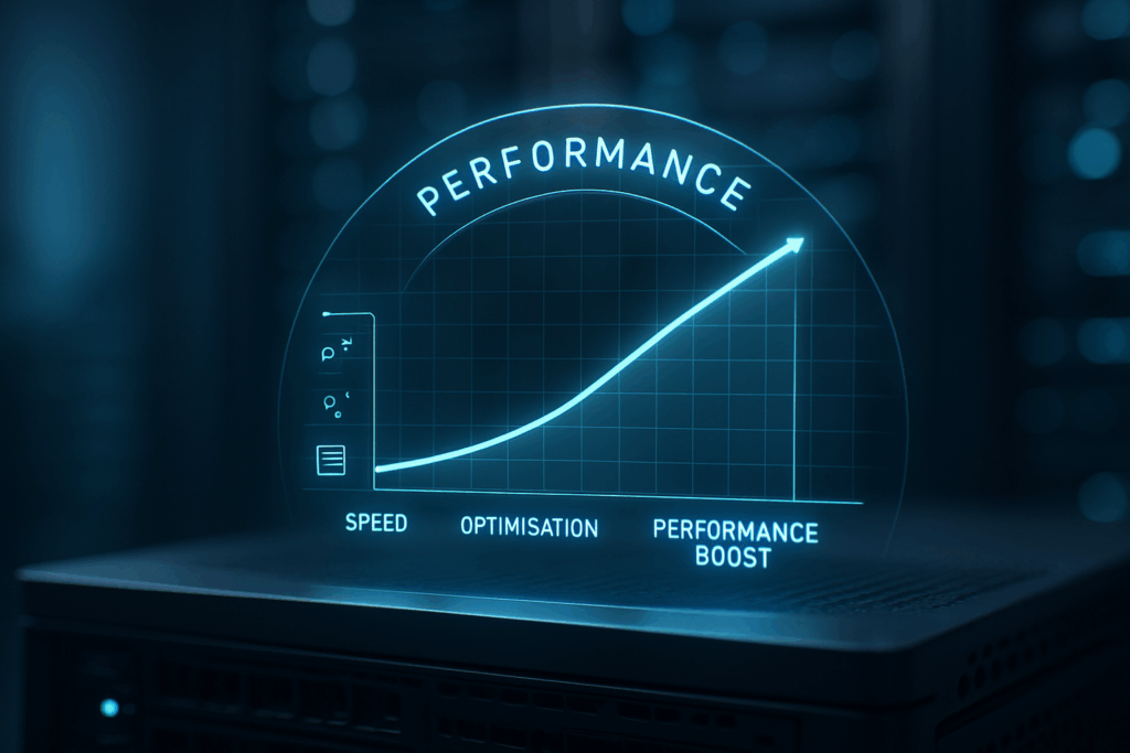 Performance gauge and speed graph displayed in a digital interface representing website speed optimisation.