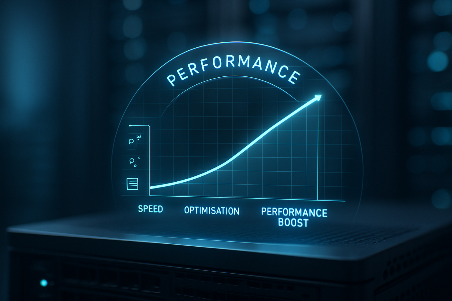 Performance gauge and speed graph displayed in a digital interface representing website speed optimisation.