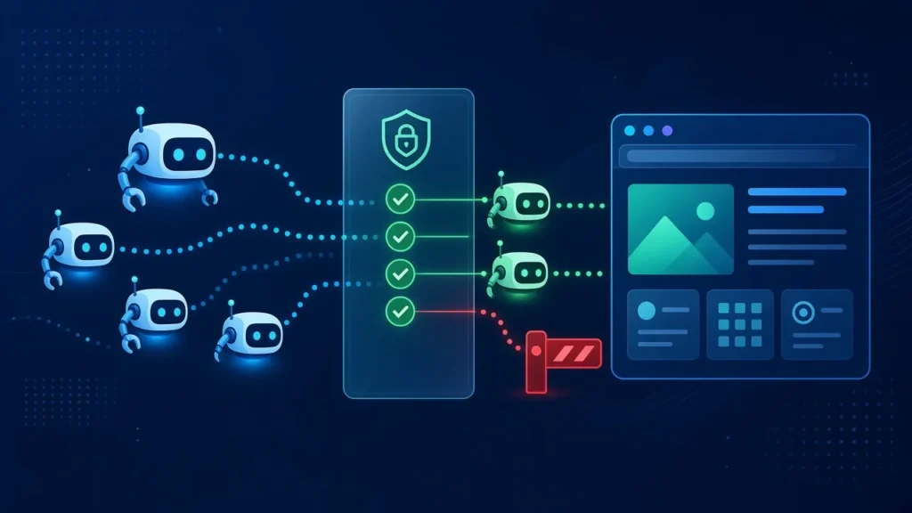 Illustration of search crawler bots passing a website access checkpoint, with most allowed through and one blocked by a barrier