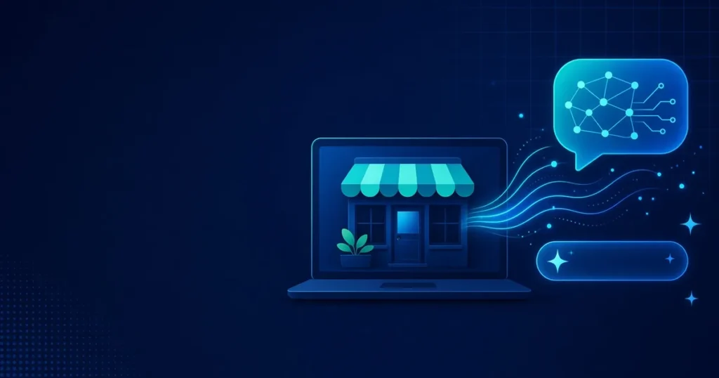 Illustration of a small shopfront on a laptop screen connected by glowing lines to an AI chat answer and search bar