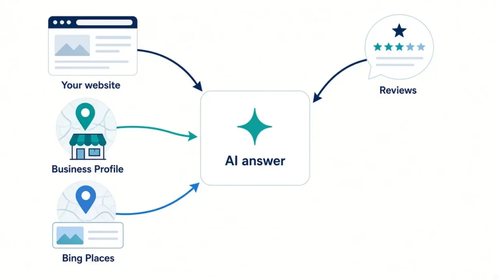 Diagram showing how an AI search answer draws on your website, Google Business Profile, Bing Places listing and customer reviews